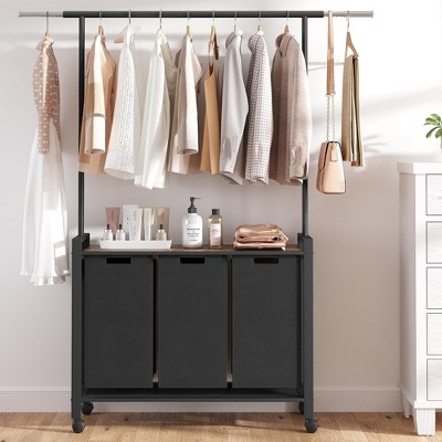 Laundry Sorter Section With Extendable Hanging Bar, Heavy Duty Laundry Basket With Rolling Lockable Wheels And Shelf, Laundry Room Organization