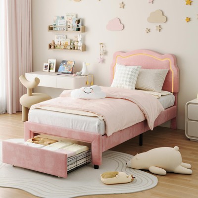 Whizmax Twin Upholstered Smart LED Bed Frame with Adjustable Headboard,PU Leather Platform Bed Frame for Kids,Wooden Slat Support,No Box Spring Needed