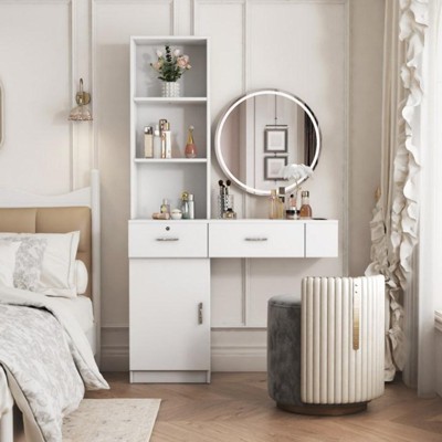 SEVOBAL Dressers Hair Vanity Desk with Drawers and Multi Layer Storage for Modern Bedroom or Salon, White, 39.76"*13.19"*66.93"