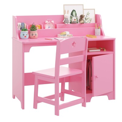 Kids Desk & Chair with Hutch, Study Desk for Boys & Girls, Storage Cabinet, Wooden Study Table, Student Writing Desk & Computer Workstation