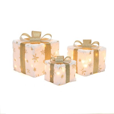 LuxenHome 3-Piece Snowflake White and Gold Giftbox Holiday Decoration Set with Battery Operated Lights