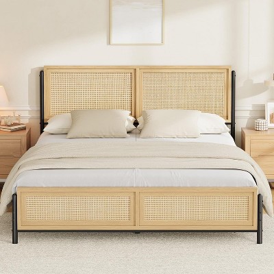 Boho King Size Bed Frame with Natural Rattan Headboard and Footboard, Wooden King Platform Bed No Box Spring Needed