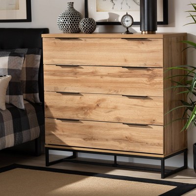Reid Wood and Metal 4 Drawer Dresser Oak/Black - Baxton Studio: Contemporary Bedroom Storage, Minimalist Design