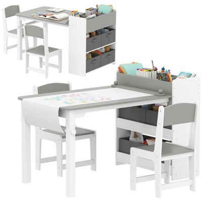Qaba Kids Desk and Chair Set, Kids Art Table and Chairs Set with Paper Roll, Storage Shelves and Drawers, for Writing Drawing Aged 3-8