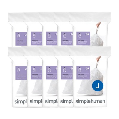 simplehuman Code J 200 Count, Genuine Custom Fit Liners, Drawstring Trash Bags in Dispenser Packs, 30-35 Liter / 8-9 Gallon, White