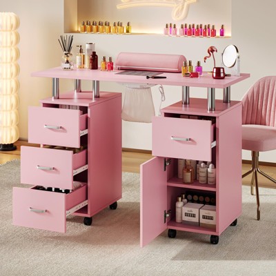 Nail Table Manicure Desk - Tech Station with Electric Dust Collector, Lockable Wheels, 4 Drawers & Cabinet for Beauty Salon