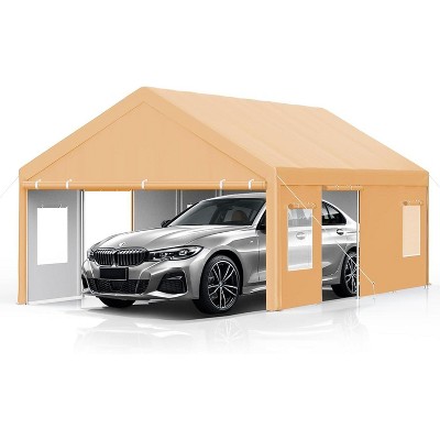 13x25FT Metal Carport - Iron Pipe + PE, All-Inclusive with 4 Doors & 4 Windows, Garage Car Shelter Shade for Car, Truck & Boats