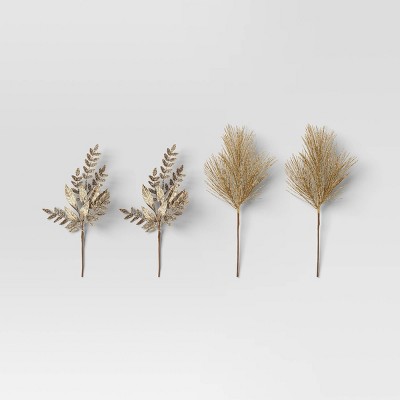 4pc Christmas Pick Set Champagne 2 Mixed Leaves Picks 2 Hard Needle - Wondershop™