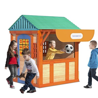 Kids Outside Game House with Wall Ball, Tic-Tac-Toe, Darts Games, Wooden Adventures Cottage Outdoor Playset for Backyard Garden