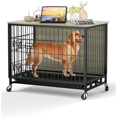 Acekool Rustic Gray Dog Crate Furniture - 27.2" Wooden Kennel with Storage, Barn Door Design for Indoor Use (137 characters)
