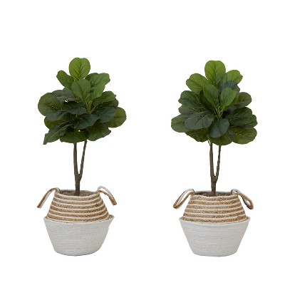 Nearly Natural 3-ft Artificial Fiddle Leaf Fig Tree with Handmade Cotton & Jute Woven Planter DIY Kit - Set of 2, Green