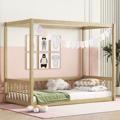 CAVINAS Twin Size Wood Montessori Bed,Modern Canopy Floor Bed with Safety Guardrails,Toddler Bed for Bedroom