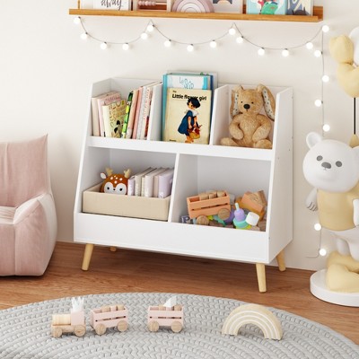 Sevobal Decorative Bookshelf Kids Bookshelf And Toy Organizer, 5 Cubbies Wooden Open Bookcase, Display Organizer With Legs, White, 19.68"*9.44"*37.4"