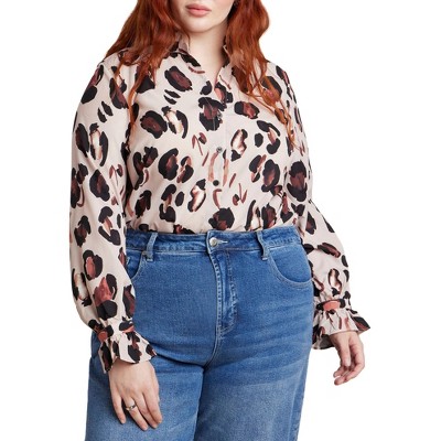 ELOQUII Printed Button Down Shirt With Ruffle Neck