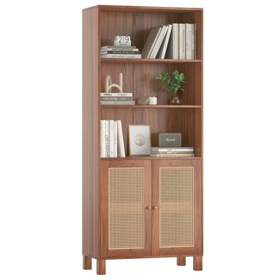 PexFix 5 Shelf Bookshelf with Rattan Doors White Tall Bookcase Display Shelves for Home Office Bedroom