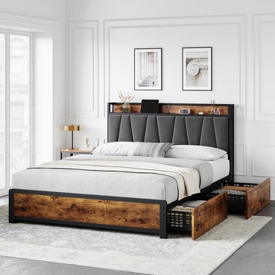 Queen/Full Size Storage Bed Frame with 4 Drawers & Charging Station - Linen Upholstered Platform for Bedroom,Rustic Brown