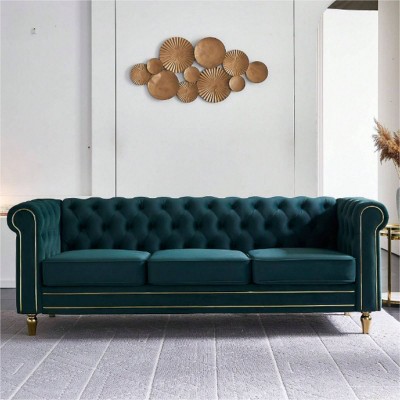 85" Modern Long Sofa,Velvet Couch,Upholstered Sofa With Arms And Golden Metal Legs,Luxury Comfy 3-Seater Couch,Living Room Sofa-Cuddlewood