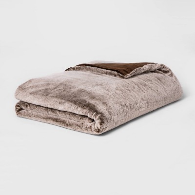55" x 80" 18lbs Faux Fur Weighted Blanket with Removable Cover Brown - Threshold™: Glass Beads, Microplush, Machine Washable