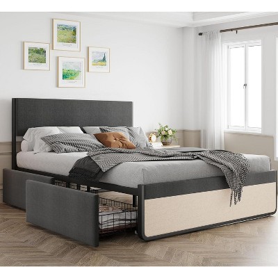 homfan Modern Simple Platform Bed  with Linen Upholstered Headboard and Footboard