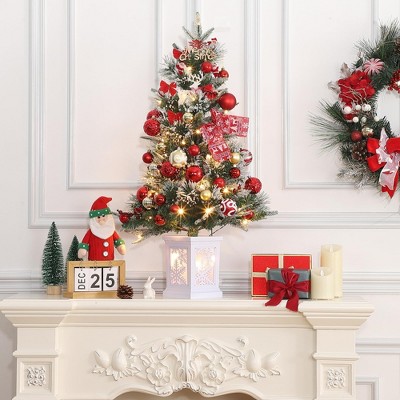 3FT Pre-Lit Artificial Christmas Tree Tabletop with 78 Warm White Lights, Flocked Potted Christmas Tree, Battery Operated, for Front Door, Porch