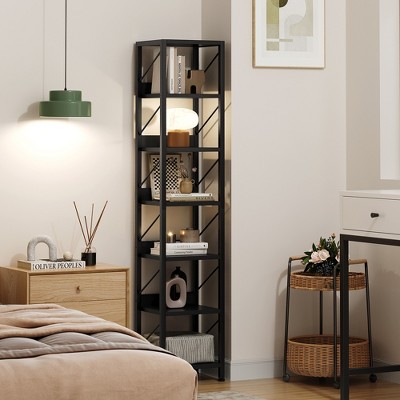 Narrow 6-Tier Tall Bookshelf with Metal Frame, Rustic Industrial Freestanding Corner Storage Rack for Bedroom & Office