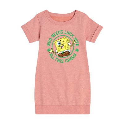 Girls' - SpongeBob Squarepants - Who Needs Luck With This Charm Graphic Short Sleeve Fleece Dress