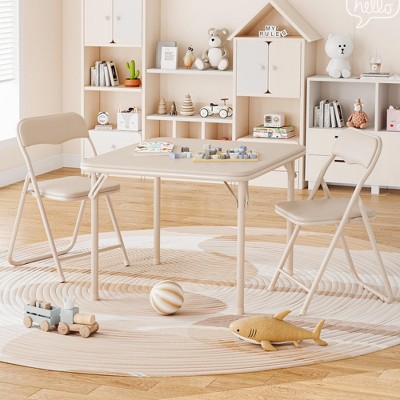 3-Piece Folding Upholstered Table and Chair, Square Card Table and Chair Set with Pu Soft Cushion
