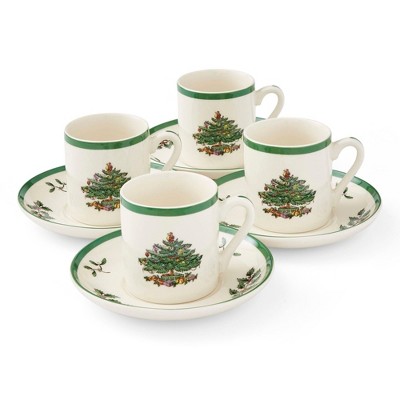 Spode Christmas Tree Espresso Cup & Saucer Set (Set of 4) - Festive 3 Ounce Coffee Mugs with Saucers, Fine Earthenware - Dishwasher & Microwave Safe