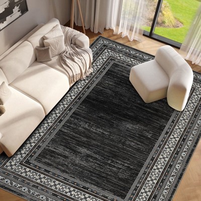 TackView Washable Runner Rug, Modern Bordered Rug Non Slip Bedroom Runner Carpet for Laundry Room Kitchen