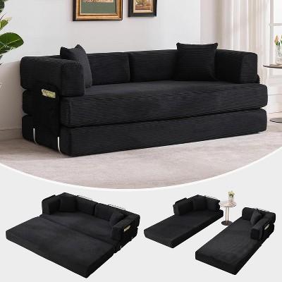 78.8" Convertible Sofa Bed w/ Arms & Back | Corduroy Upholstered Folding Sleeper | Modular Floor Couch for Living Room, Bedroom, Apartment
