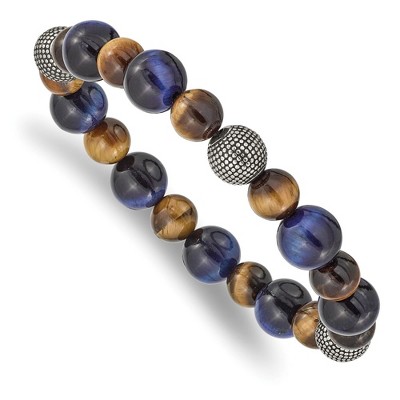 Chisel Stainless Steel Antiqued and 8-10mm Brown and Blue Tiger's Eye Beaded Stretch Bracelet