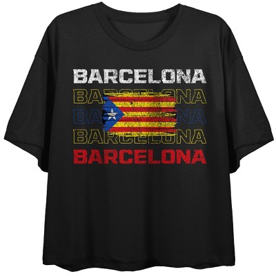 Barcelona Distressed Flag Crew Neck Short Sleeve Women's Black Crop Top