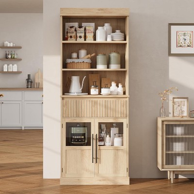 70" Kitchen Pantry Cabinet, Tall Storage Cabinets with Drawer & 2 Glass Doors and 3 Shelves, Floor Cabinet for Kitchen