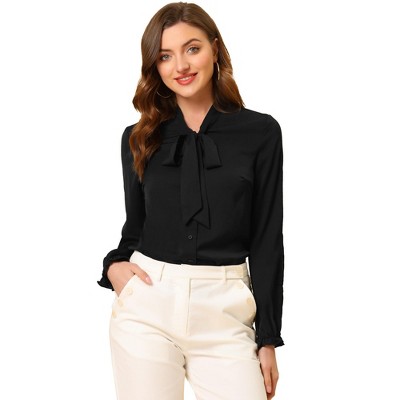 Allegra K Women's Elegant Bow Tie Neck Long Sleeve Work Shirt