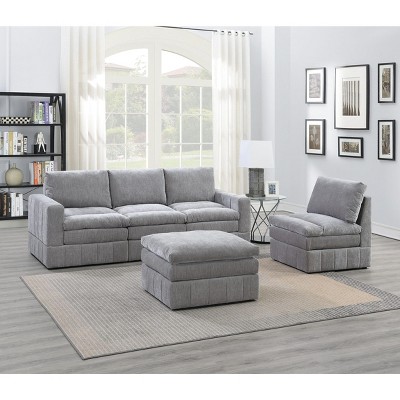 Okak Modern Convertible Sectional Sofa Couch with 2 Armchair/Wedge, 2 Armless Chairs /Ottomans 6 pc Fabric Plush Modular Sofa for Living Room