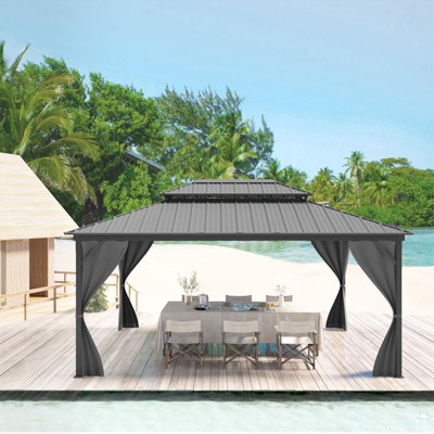 Hardtop Gazebo - Outdoor Metal Pavilion with Galvanized Steel and Aluminum Frame, Double Roof Canopy with Netting and Curtains -Ideal for Patio