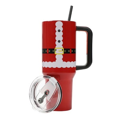 Bioworld Santa Suit Red 40 Oz Stainless Steel Tumbler WIth Handle & Reusable Straw