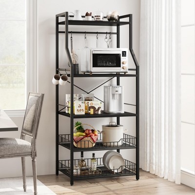 5-Tier Kitchen Storage Rack with Microwave Stand, Metal Shelves with 8 S-Hooks, 2 Wire Baskets & Spice Rack for Kitchen, Pantry, Counter