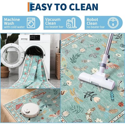 Coucheta Floral Butterfly Area Rug - Washable Non-Slip Carpet for Living Room, Bedroom & Nursery, Stain Resistant Low Pile Rug