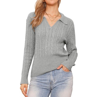 INSPIRE CHIC Women's Lapel V Neck Long Sleeve Casual Sweater