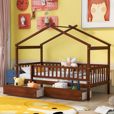 TIRAMISUBEST Twin/Full Size House Bed with 2 Storage Drawers, Wooden House Platform Bed with Fence Guardrails and Roof Design for Kids