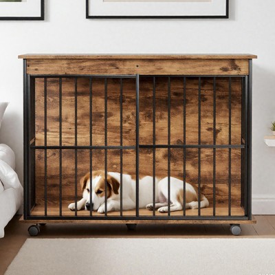 Nicbex 43.3" Heavy Duty Large Dog Crate Furniture,Dog Kennel Indoor with Removable Tray,Wooden Dog Cage Large Dogs,Walnut+black
