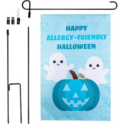 Halloween Garden Flag - "Happy Allergy Friendly Halloween" - POLE INCLUDED- 12" x 18" - Outdoor Weatherproof Lawn Sign, Fall Party Decor Decoration