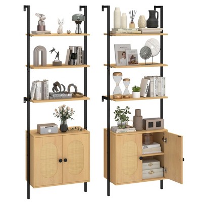 Costway 1/2 PCS Ladder Bookshelf with Rattan Cabinet 71" Tall Wall Mounted Bookcase Natural