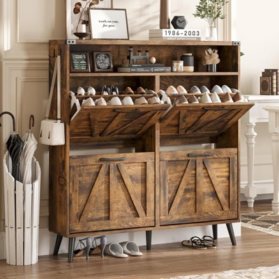 Farmhouse Shoe Storage Cabinet With 4 Flip Drawers and Open Storage - Freestanding Narrow Organizer