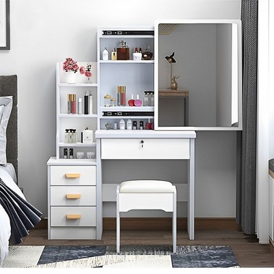 KTMBDW Modern Makeup Vanity Desk with Mirror and Lights, Vanity Table Set with 4 Storage Drawer, Chair and Three Shelves for Bedroom, White
