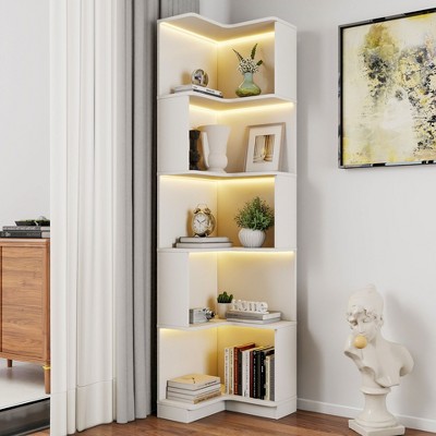 Sapphtopaz 5-Tier Bookcase with Baffle, Space Saving Display Corner Bookshelf Freestanding L Shaped Shelf Tower for Small Spaces, Office