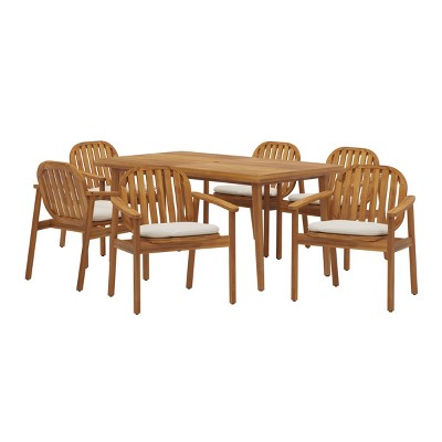 7 Piece Outdoor Patio Dining Set,Acacia Wood Dining Table and 6 Dining Chairs Set with Cushions,6 Seat Garden Dining Set for Backyard-Coolbibila