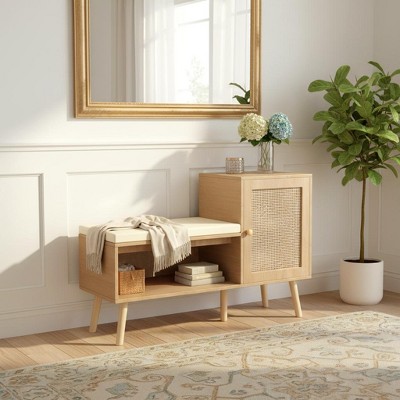 Homy Casa Modern Entryway Shoe Storage Bench with Cushion and Side Cabinet, Natural Oak