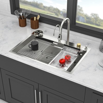 Gulches 33"x22" Drop-in Ledge Workstation Sink, 16G T304 Stainless Steel, with Pull-Out Faucet & Cup Washer